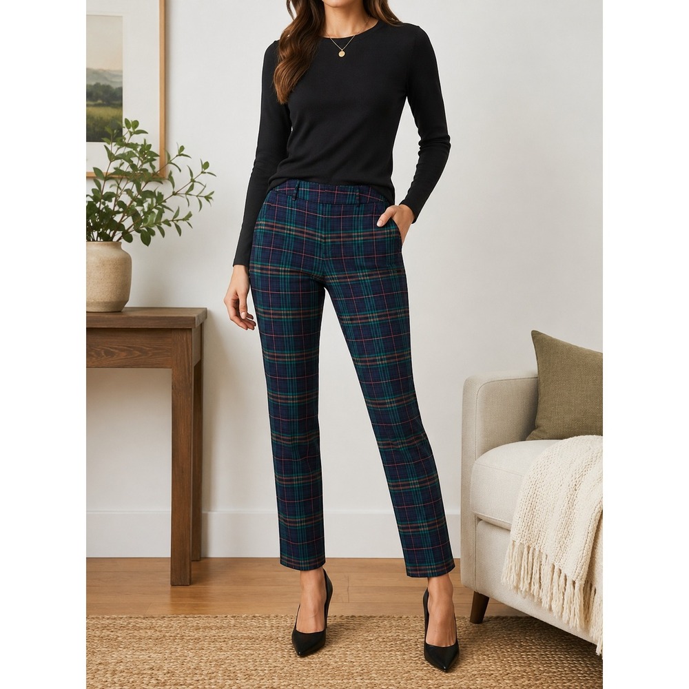 Merona Womens Blue Green Plaid Classic‎ Stretch Ankle Pants Size 6 Career Slim